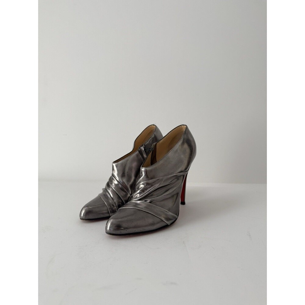 Christian Louboutin Metallic Silver Draped Leather Ankle Booties - Size 38.5